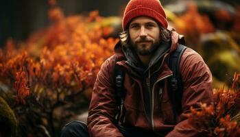 sorridente uomo nel caldo capi di abbigliamento escursioni a piedi attraverso autunno foresta generato di ai foto