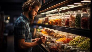 un' uomo la scelta fresco frutta e verdure nel un' supermercato generato di ai foto