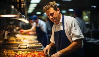 un' sorridente chef, fiducioso e esperto, preparazione cibo nel un' commerciale cucina generato di ai foto