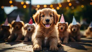 un' carino cucciolo celebra con gli amici, circondato di decorazioni e i regali generato di ai foto