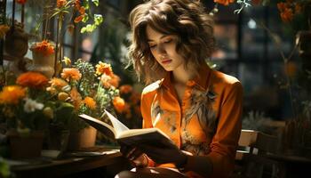 un' giovane donna seduta all'aperto, lettura un' libro nel autunno generato di ai foto