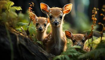 carino giovane cervo guardare a telecamera nel verde foresta prato generato di ai foto