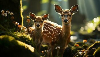 carino cervo nel il prato, guardare a telecamera, circondato di natura generato di ai foto