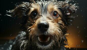 bagnato cucciolo, carino canino, di razza terrier, lavaggio nel vasca da bagno generato di ai foto