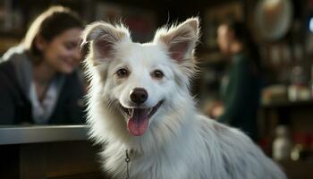 un' carino, piccolo cucciolo seduta, guardare a telecamera con felicità generato di ai foto