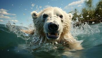 un' carino bagnato cucciolo giocando nel il acqua, puro gioia generato di ai foto