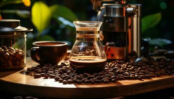 caffè negozio barista fabbricazione buongustaio buio caffè su rustico legna tavolo generato di ai foto