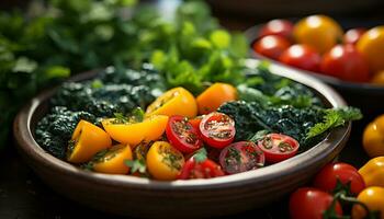freschezza e varietà su un' di legno tavolo, salutare vegetariano pasto generato di ai foto