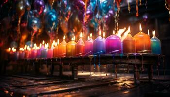un' raggiante candela si illumina un' buio camera durante un' celebrazione generato di ai foto
