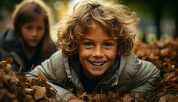 sorridente bambino trova felicità nel autunno, allegro infanzia nel natura generato di ai foto