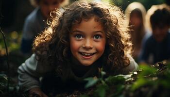 sorridente bambino, allegro famiglia, giocoso ragazzi, carino ragazze, godendo natura generato di ai foto