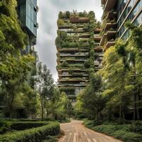 grattacieli e lussureggiante vegetazione un' armonioso miscela di natura e urbano architettura generativo ai foto