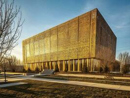 eco amichevole edificio bagnata nel d'oro luce del sole generativo ai foto