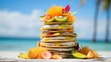 delizioso Pancakes servito con tropicale frutta a bellissimo mare Visualizza ristorante su il spiaggia. generativo ai foto
