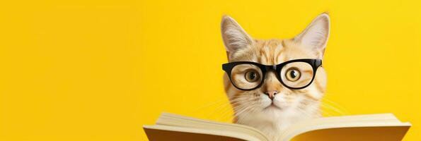 carino Zenzero gatto nel occhiali lettura libro su giallo sfondo. ai generato foto