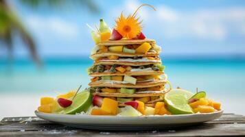 delizioso Pancakes servito con tropicale frutta a bellissimo mare Visualizza ristorante su il spiaggia. generativo ai foto