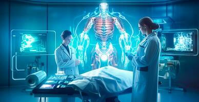 ospedale di il futuro, informatica medico, Avanzate moderno cyberpunk tecnologie - ai generato Immagine foto