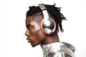 giovane musica cuffie espressione adulto nero uomini africano ritratto dj stile di vita. generativo ai. foto