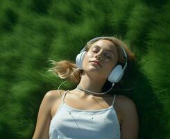 stile di vita donna erba meditazione ascolta all'aperto verde estate auricolari rilassamento giovane ritratto adolescenziale casuale musica foto