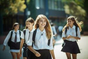 guardare giovane ridendo studenti amici all'aperto Università scuola zaino gruppo contento sorridente amicizia formazione scolastica foto