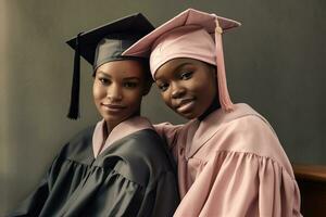 alto successo alunno africano diploma americano scuola formazione scolastica Università amici donne nero laureato. generativo ai. foto