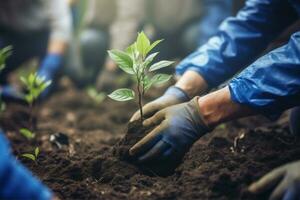 giardinaggio verde piantare agricoltura mano natura crescita foglia primavera albero. generativo ai. foto