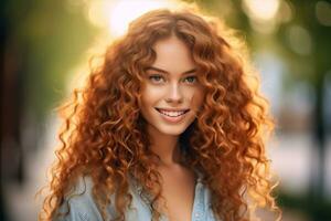 afro donna bellezza rosso viso ritratto lentiggini Sorridi contento capelli giovane. generativo ai. foto