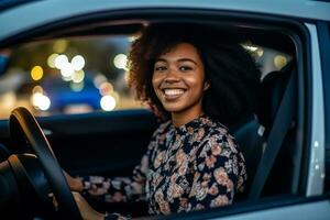 donna mezzi di trasporto contento adulto auto guida viaggio giovane autista veicolo adulto macchina. generativo ai. foto