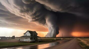 tornado nel tempestoso paesaggio, tuono tempesta, clima modificare, naturale disastro, generativo ai illustrazione foto