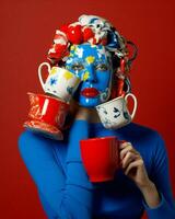 donna rosso Vintage ▾ blu ritratto moda tazza bellezza bianca mattina concetto uno retrò attraente foto