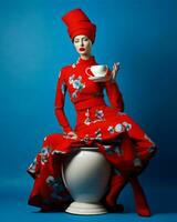 donna rosso blu bevanda bellezza caucasico attraente tazza retrò Vintage ▾ ritratto moda foto