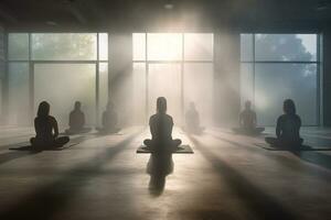 esercizio donna fitness loto stile di vita posa Meditare fatica persona classe yoga. generativo ai. foto