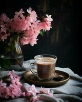 dolce prima colazione rosa dolce francese fiore tovagliolo tazza delizioso colorato forno pastello foto