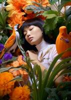 donna bellezza Vintage ▾ le foglie ritratto tropicale uccello fiore colorato asiatico signora foto