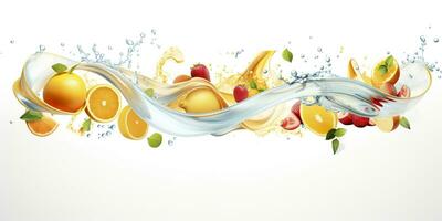 turbine acqua spruzzo con frutta. liquido flusso con ghiaccio cubi e un' mescolare di fresco frutta. generativo ai foto