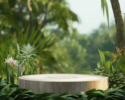di legno Prodotto Schermo podio per cosmetico prodotti con verde natura sfondo. generativo ai foto