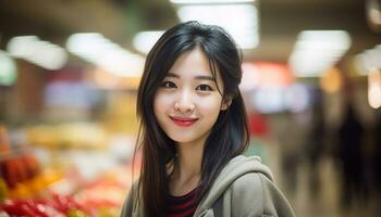 Asia donna delicato viso carino Sorridi guardare per telecamera ai generativo foto
