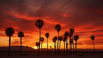 drammatico palma albero silhouette di deserto tramonto generativo ai foto