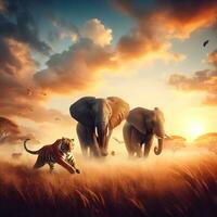 maestoso sinfonia, elefanti e tigre imbarcarsi su un' sincronizzato correre attraverso il natura selvaggia. ai generato foto