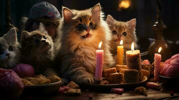 animali domestici compleanno. gatti e cani sedersi vicino un' compleanno torta con candele a un' compleanno festa foto