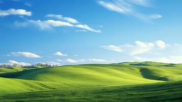 fresco verde i campi nel primavera con un' blu cielo fondale su un' collina. ai generativo foto