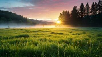 il sole sorge sopra il orizzonte, getto un' d'oro splendore al di sopra di rotolamento prati avvolto nel mattina nebbia. ai generativo foto