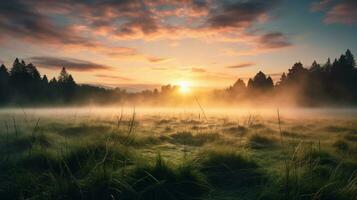 il sole sorge sopra il orizzonte, getto un' d'oro splendore al di sopra di rotolamento prati avvolto nel mattina nebbia. ai generativo foto