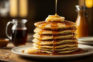 il succulento momento di scrosciante d'oro miele al di sopra di un' pila di soffice Pancakes generativo ai foto