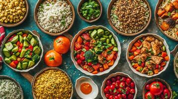 immergere te stesso nel un' salutare festa con un' travolgente fotografia in mostra un' varietà di sano cibo piatti ai generativo foto