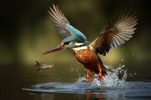 martin pescatore alcedo a questo attraente un' pesce, femmina martin pescatore emergente a partire dal il acqua dopo un senza esito tuffo per afferrare un' pesce, ai generato foto