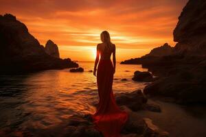 bellissimo donna nel rosso vestito in piedi su il spiaggia e guardare a il tramonto, epico rosso tramonto nel cala llentrisca con modello , ibiza, ai generato foto