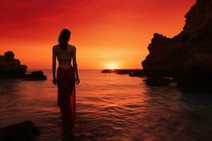 bellissimo donna nel rosso vestito in piedi nel il mare a tramonto, epico rosso tramonto nel cala llentrisca con modello , ibiza, ai generato foto