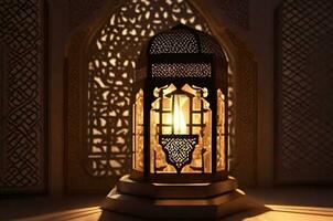 un' lanterna con il leggero splendente attraverso il finestra globale illuminazione moschea nel sfondo lontano lontano generativo ai foto