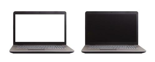 il computer portatile vuoto schermo su bianca sfondo, modello, modello per il tuo testo, ritaglio percorsi incluso per sfondo e dispositivo schermo nero e bianca. impostato foto